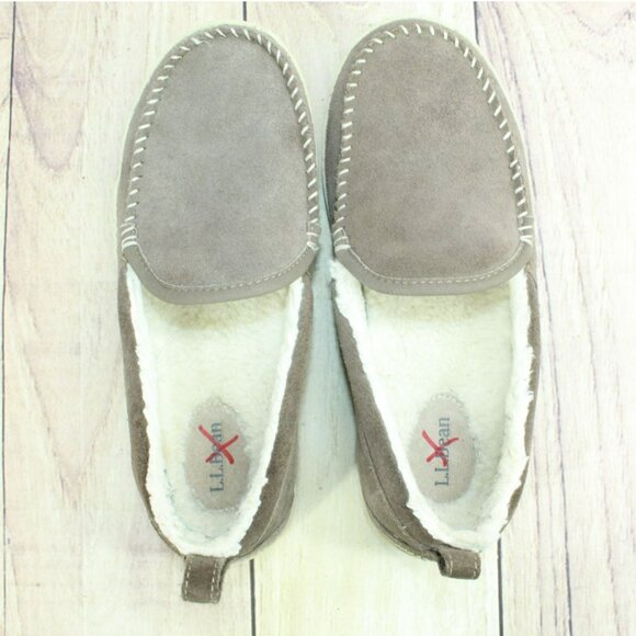 LL Bean Brown Suede Slip On Fleece Lined Mountain Moccasin Slippers Size 9 M - Picture 7 of 9